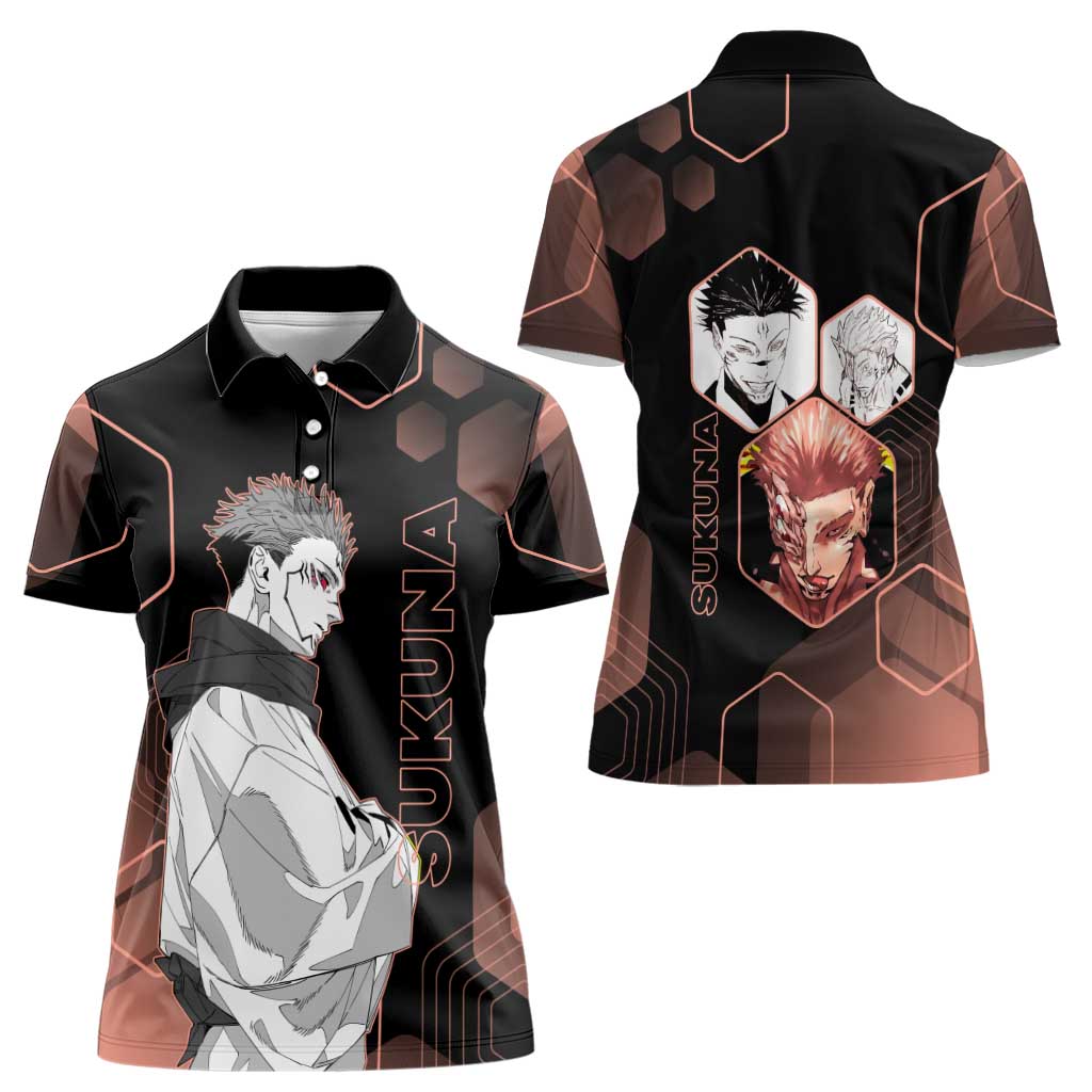 Ryomen Sukuna Jujutsu Kaisen Brown Hexagon Design Women Polo Shirt with Cursed Marks and Manga Style Art - The Mazicc