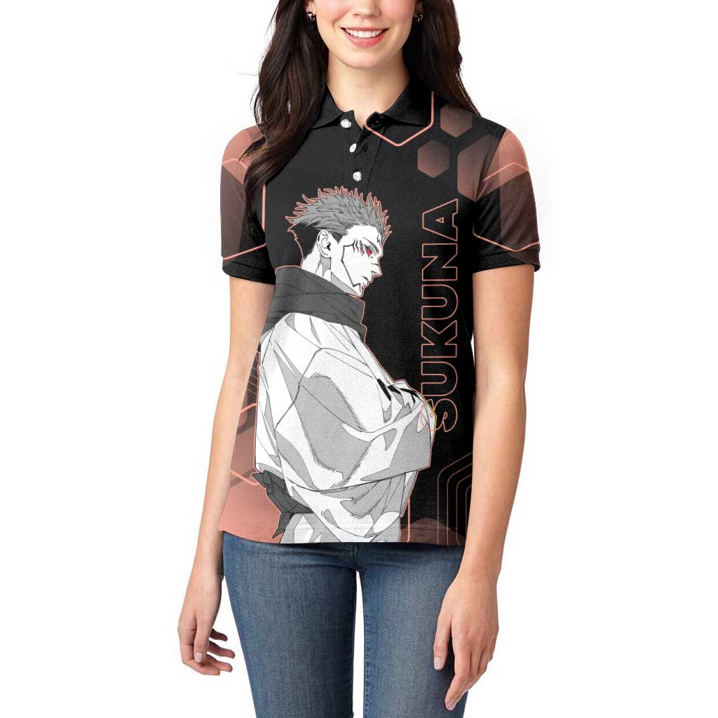 Ryomen Sukuna Jujutsu Kaisen Brown Hexagon Design Women Polo Shirt with Cursed Marks and Manga Style Art - The Mazicc