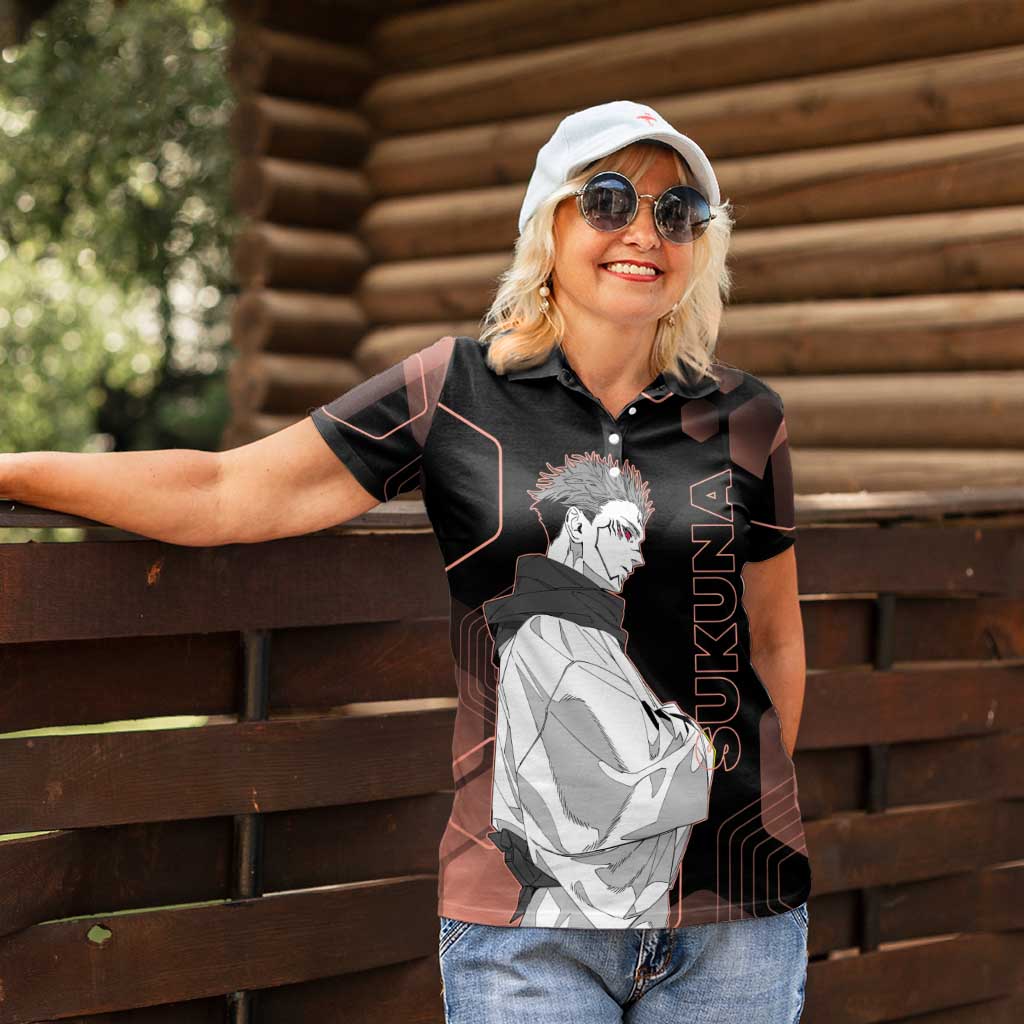 Ryomen Sukuna Jujutsu Kaisen Brown Hexagon Design Women Polo Shirt with Cursed Marks and Manga Style Art - The Mazicc