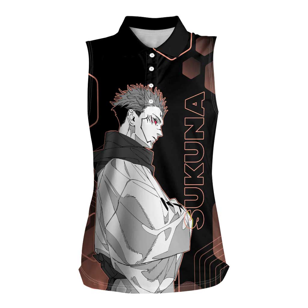 Ryomen Sukuna Jujutsu Kaisen Brown Hexagon Design Women Sleeveless Polo Shirt with Cursed Marks and Manga Style Art - The Mazicc