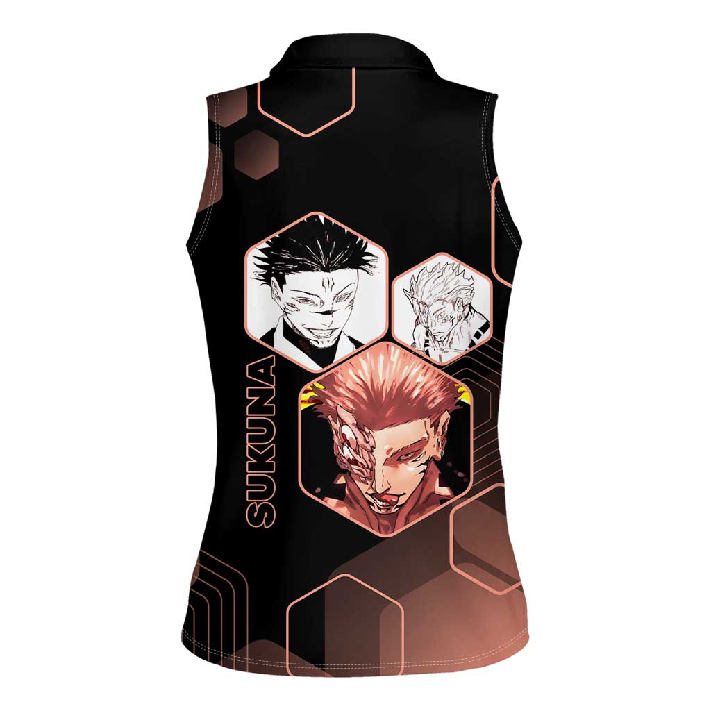 Ryomen Sukuna Jujutsu Kaisen Brown Hexagon Design Women Sleeveless Polo Shirt with Cursed Marks and Manga Style Art - The Mazicc
