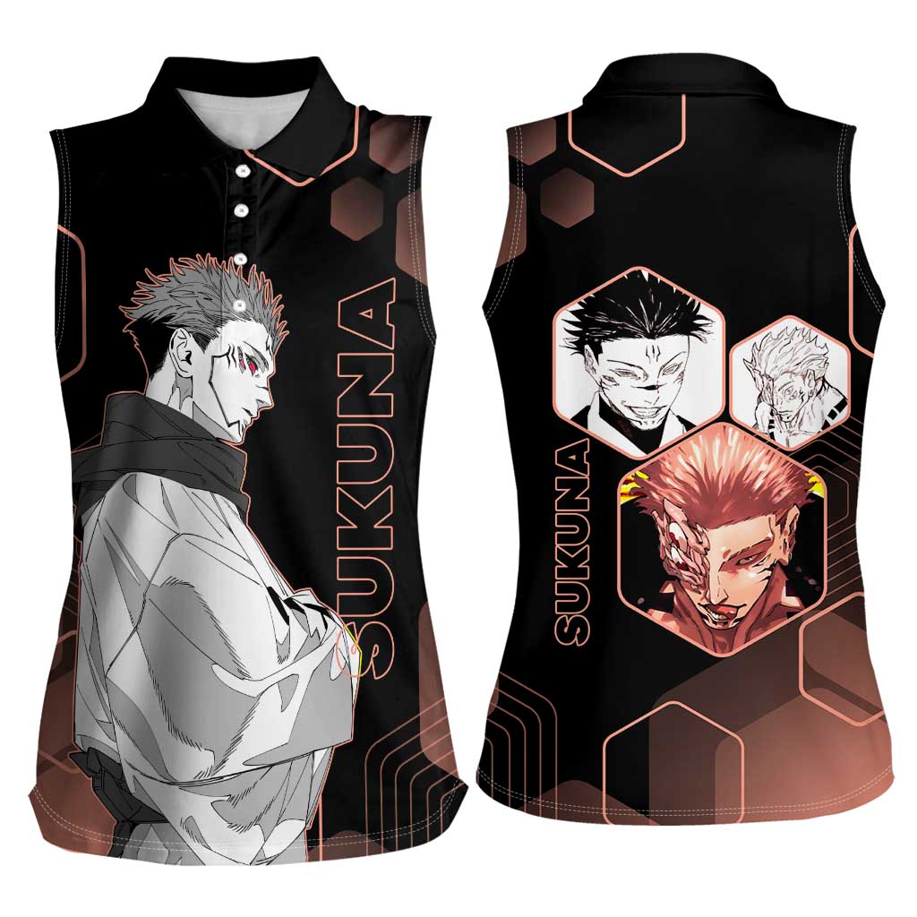 Ryomen Sukuna Jujutsu Kaisen Brown Hexagon Design Women Sleeveless Polo Shirt with Cursed Marks and Manga Style Art - The Mazicc