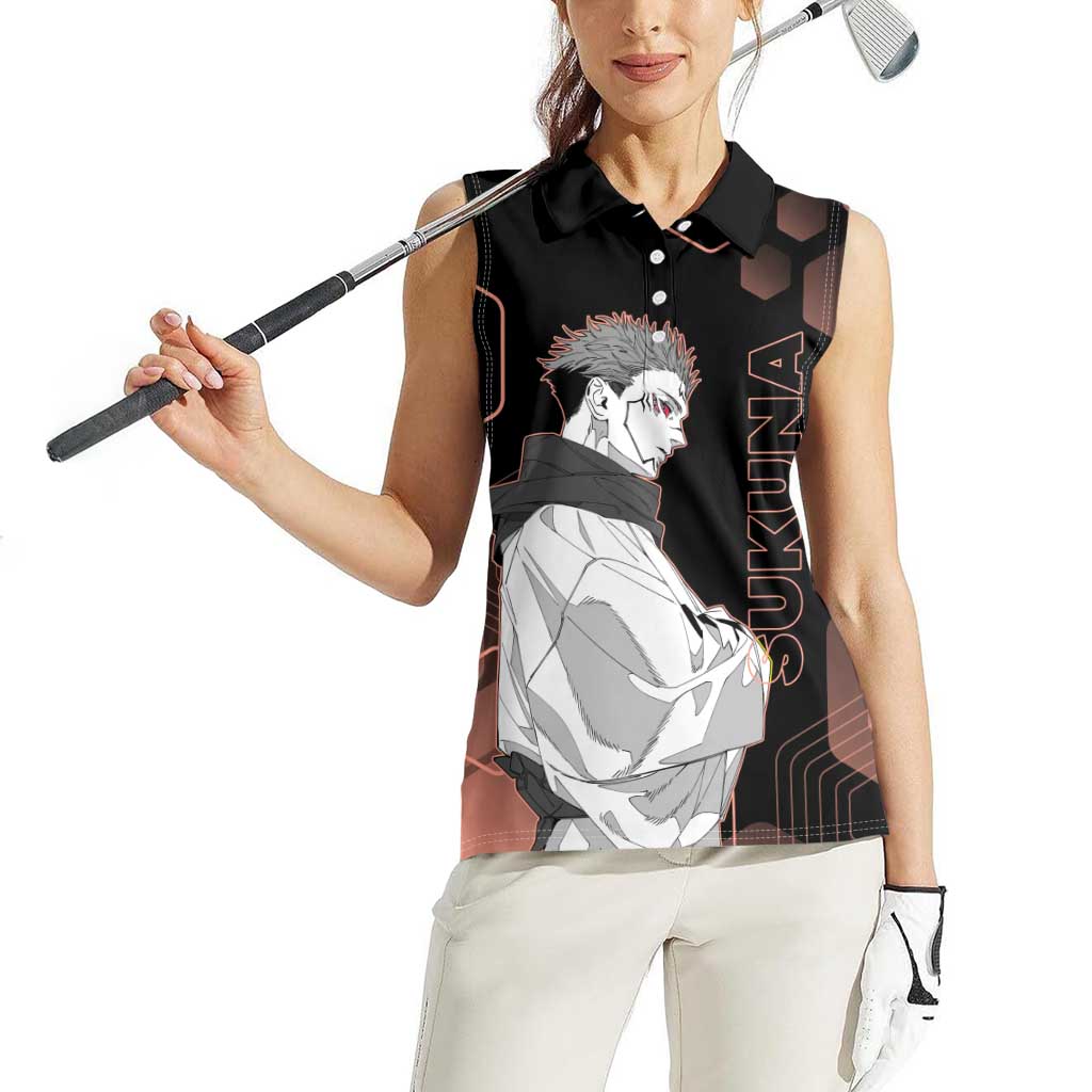 Ryomen Sukuna Jujutsu Kaisen Brown Hexagon Design Women Sleeveless Polo Shirt with Cursed Marks and Manga Style Art - The Mazicc