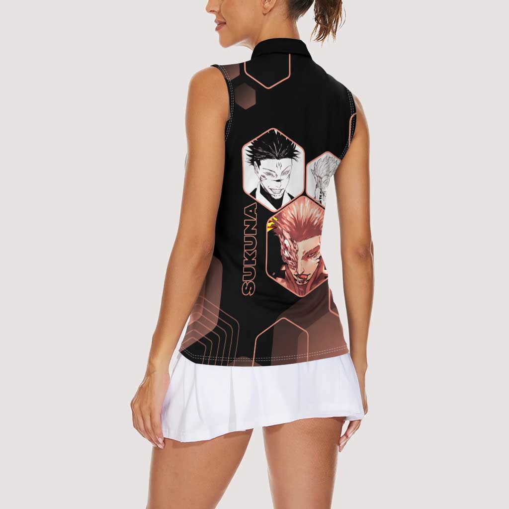Ryomen Sukuna Jujutsu Kaisen Brown Hexagon Design Women Sleeveless Polo Shirt with Cursed Marks and Manga Style Art - The Mazicc