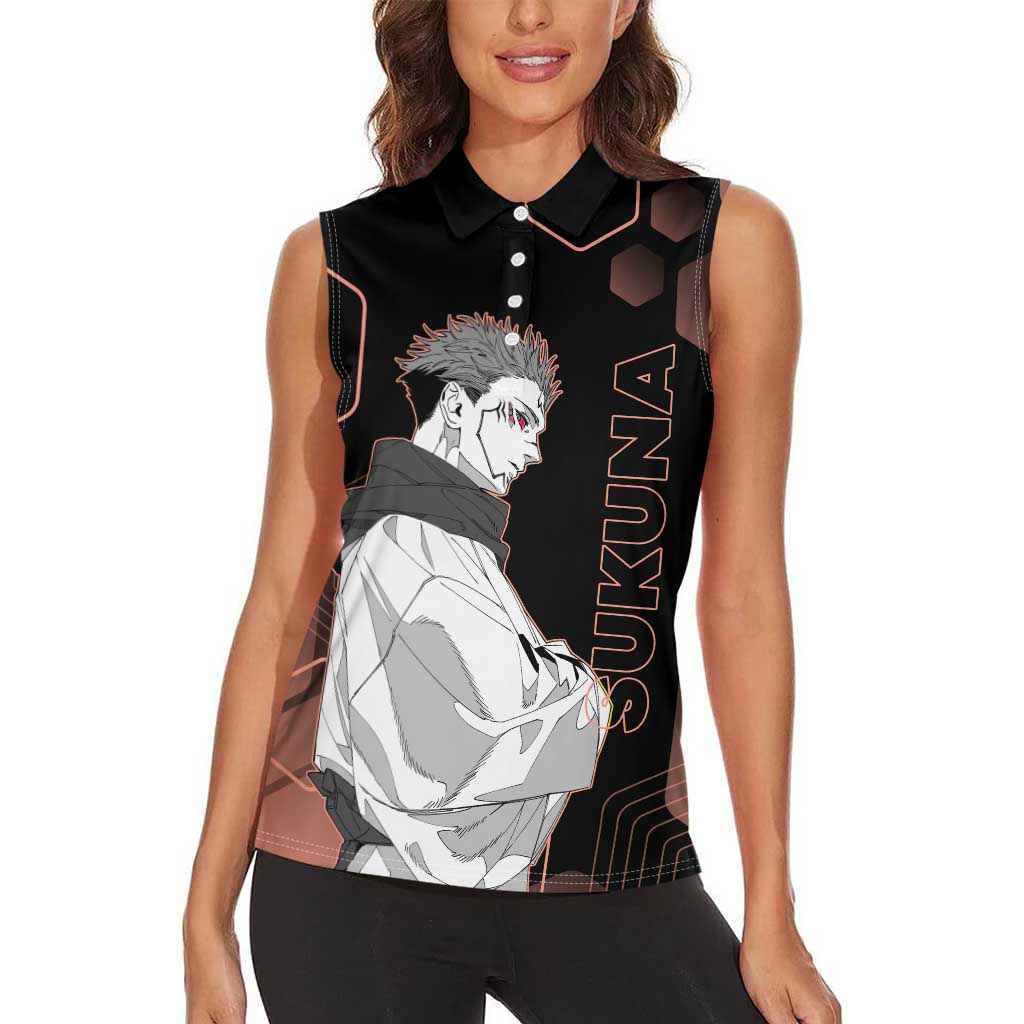 Ryomen Sukuna Jujutsu Kaisen Brown Hexagon Design Women Sleeveless Polo Shirt with Cursed Marks and Manga Style Art - The Mazicc