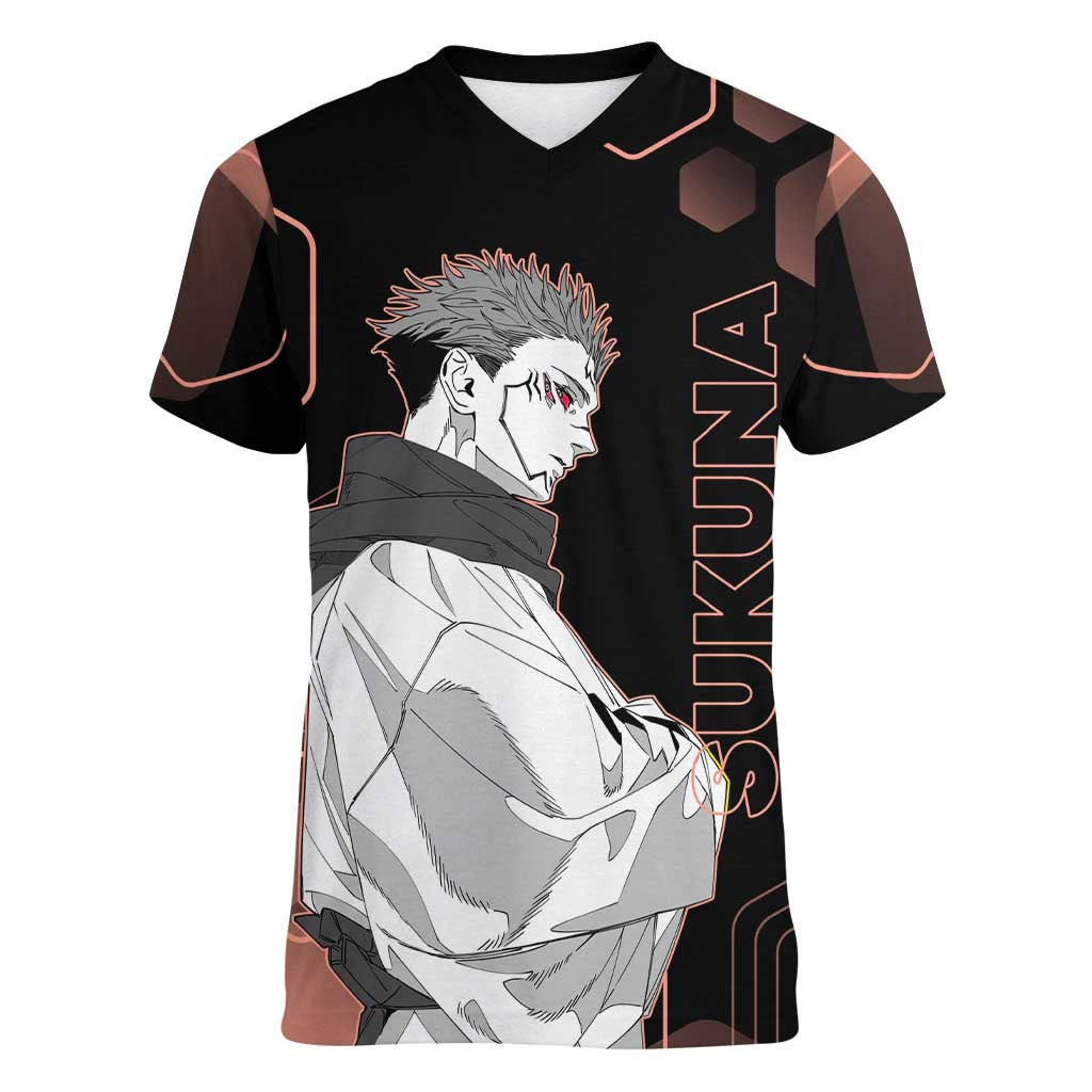 Ryomen Sukuna Jujutsu Kaisen Brown Hexagon Design Women V-Neck T-Shirt with Cursed Marks and Manga Style Art - The Mazicc