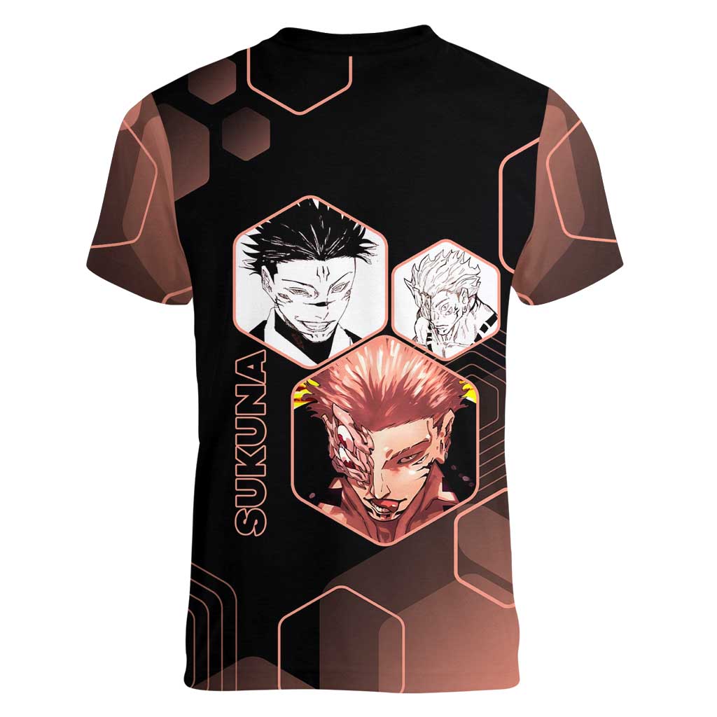 Ryomen Sukuna Jujutsu Kaisen Brown Hexagon Design Women V-Neck T-Shirt with Cursed Marks and Manga Style Art - The Mazicc