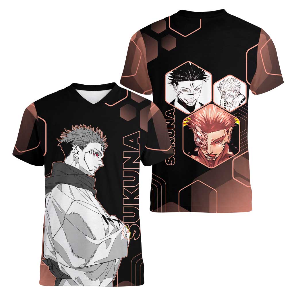 Ryomen Sukuna Jujutsu Kaisen Brown Hexagon Design Women V-Neck T-Shirt with Cursed Marks and Manga Style Art - The Mazicc