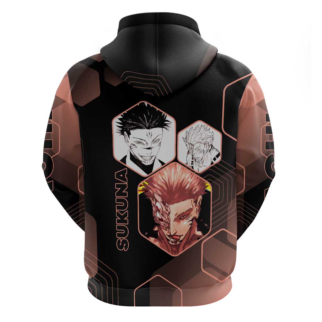 Ryomen Sukuna Jujutsu Kaisen Brown Hexagon Design Zip Hoodie with Cursed Marks and Manga Style Art - The Mazicc