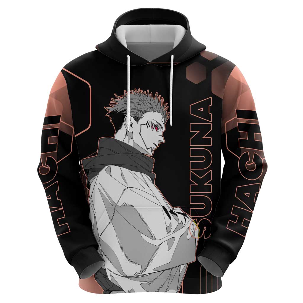 Ryomen Sukuna Jujutsu Kaisen Brown Hexagon Design Zip Hoodie with Cursed Marks and Manga Style Art - The Mazicc