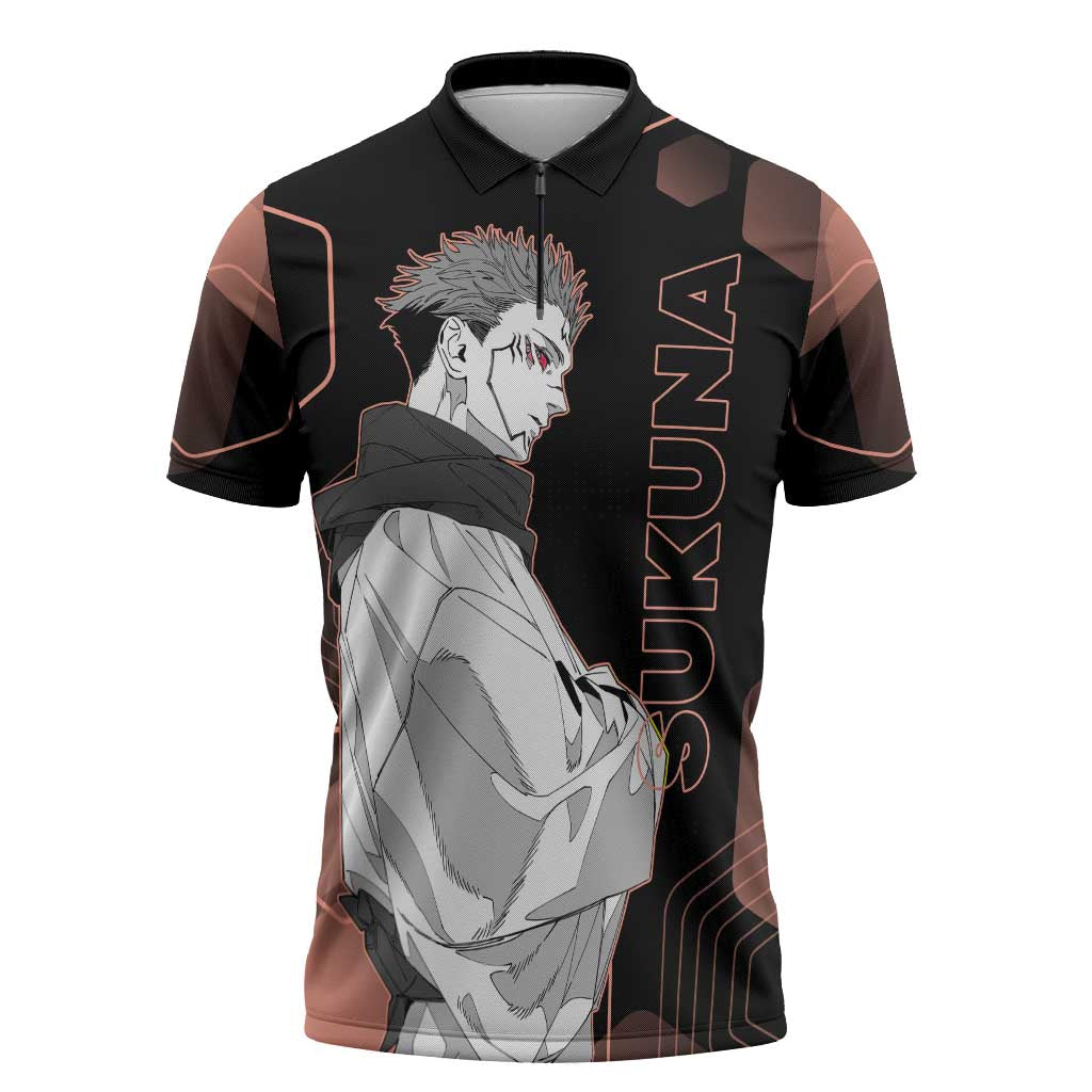 Ryomen Sukuna Jujutsu Kaisen Brown Hexagon Design Zipper Polo Shirt with Cursed Marks and Manga Style Art - The Mazicc
