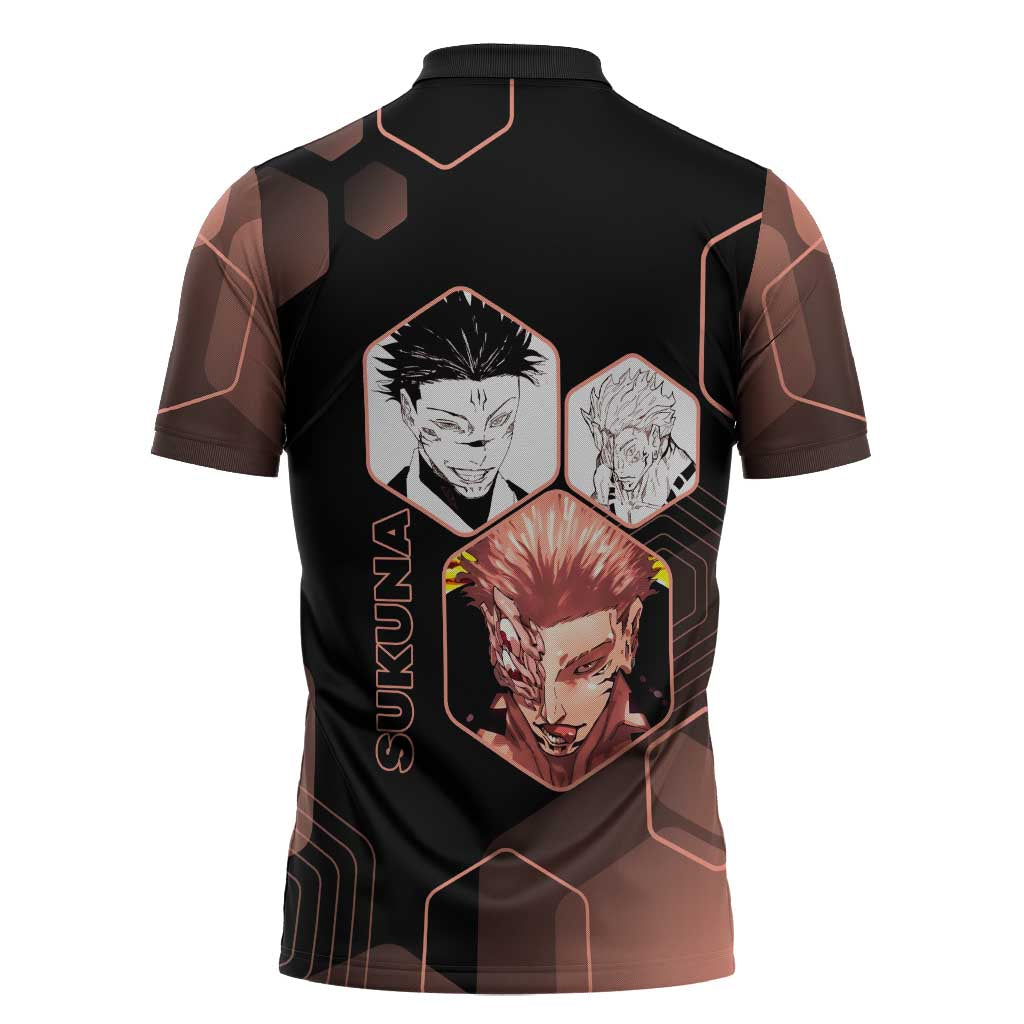 Ryomen Sukuna Jujutsu Kaisen Brown Hexagon Design Zipper Polo Shirt with Cursed Marks and Manga Style Art - The Mazicc