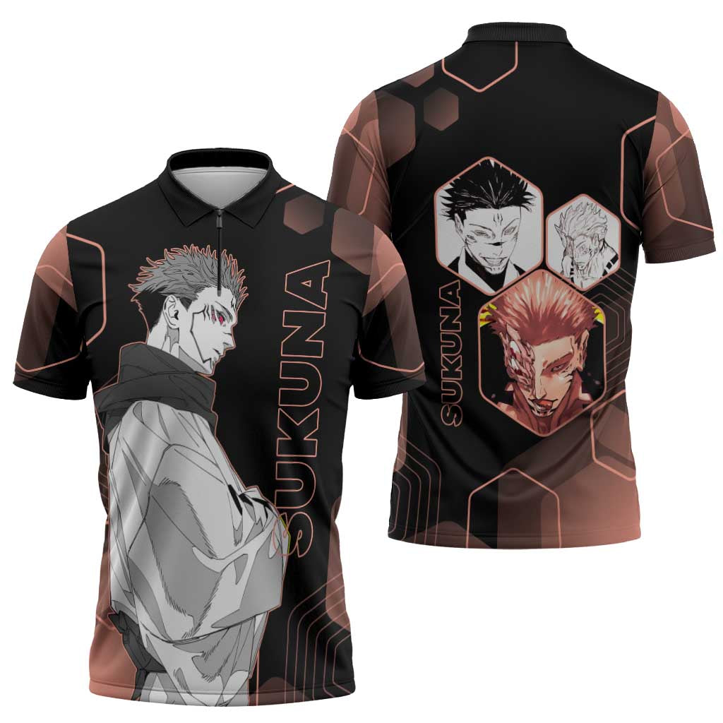 Ryomen Sukuna Jujutsu Kaisen Brown Hexagon Design Zipper Polo Shirt with Cursed Marks and Manga Style Art - The Mazicc