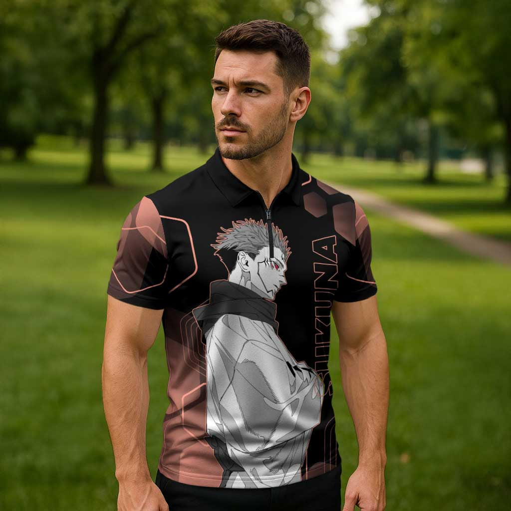 Ryomen Sukuna Jujutsu Kaisen Brown Hexagon Design Zipper Polo Shirt with Cursed Marks and Manga Style Art - The Mazicc
