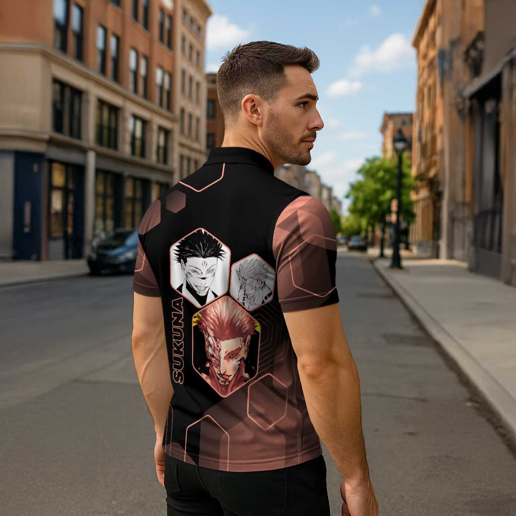 Ryomen Sukuna Jujutsu Kaisen Brown Hexagon Design Zipper Polo Shirt with Cursed Marks and Manga Style Art - The Mazicc