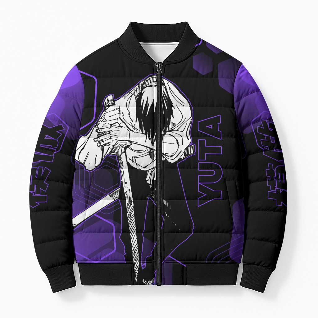 Yuta Okkotsu Jujutsu Kaisen Bomber Puffer Jacket Purple Hexagon Design - The Mazicc