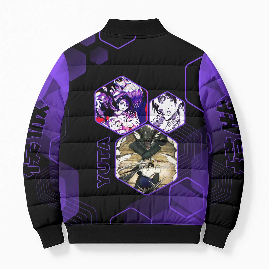 Yuta Okkotsu Jujutsu Kaisen Bomber Puffer Jacket Purple Hexagon Design - The Mazicc
