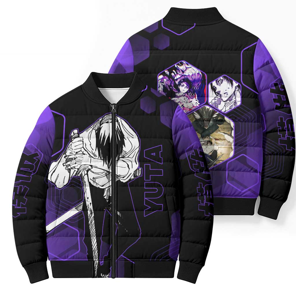 Yuta Okkotsu Jujutsu Kaisen Bomber Puffer Jacket Purple Hexagon Design - The Mazicc