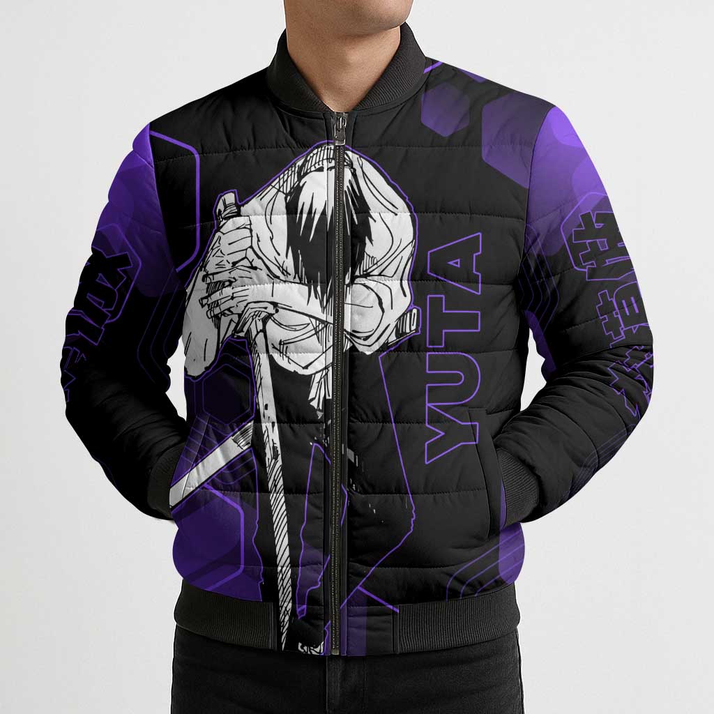 Yuta Okkotsu Jujutsu Kaisen Bomber Puffer Jacket Purple Hexagon Design - The Mazicc
