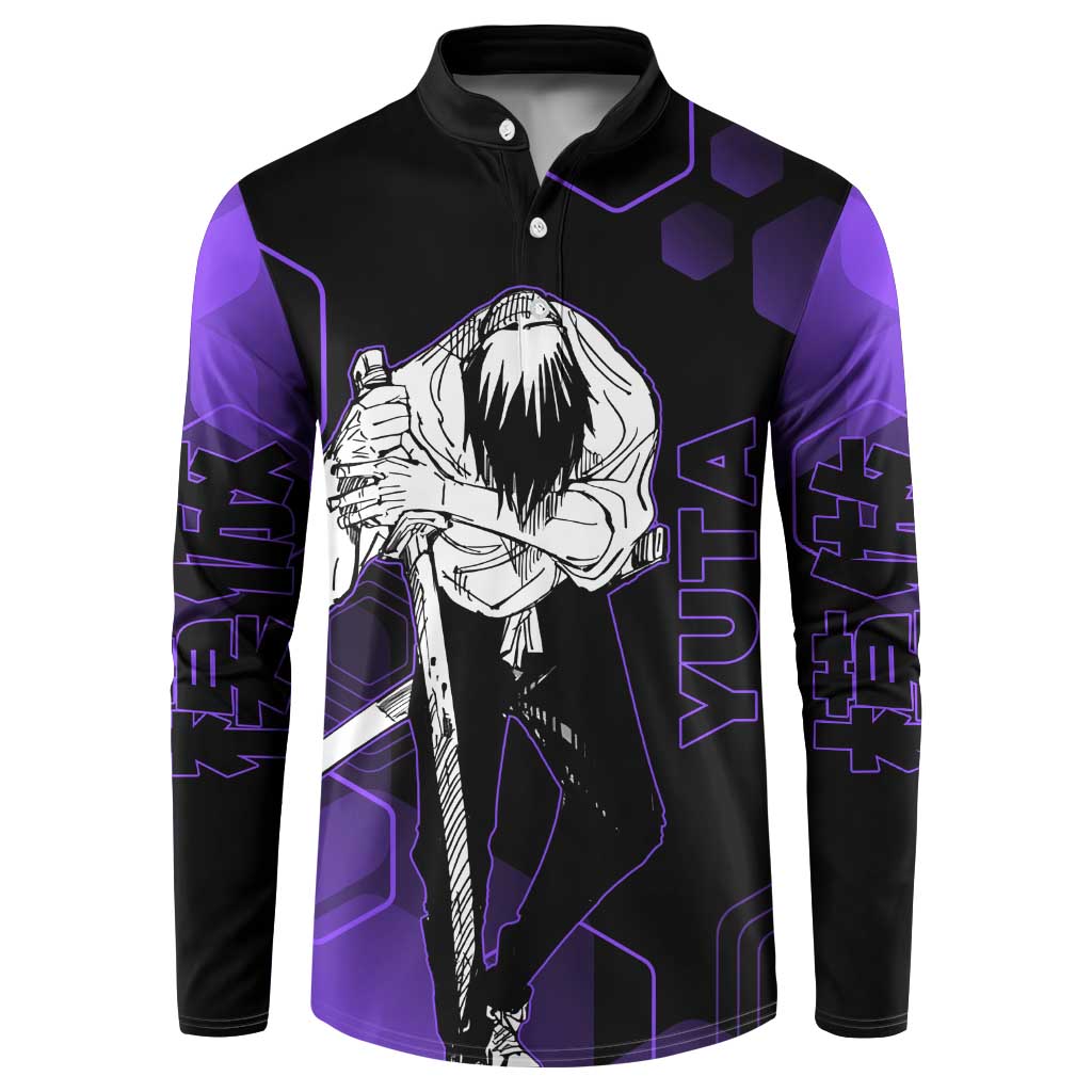 Yuta Okkotsu Jujutsu Kaisen Button Sweatshirt Purple Hexagon Design - The Mazicc