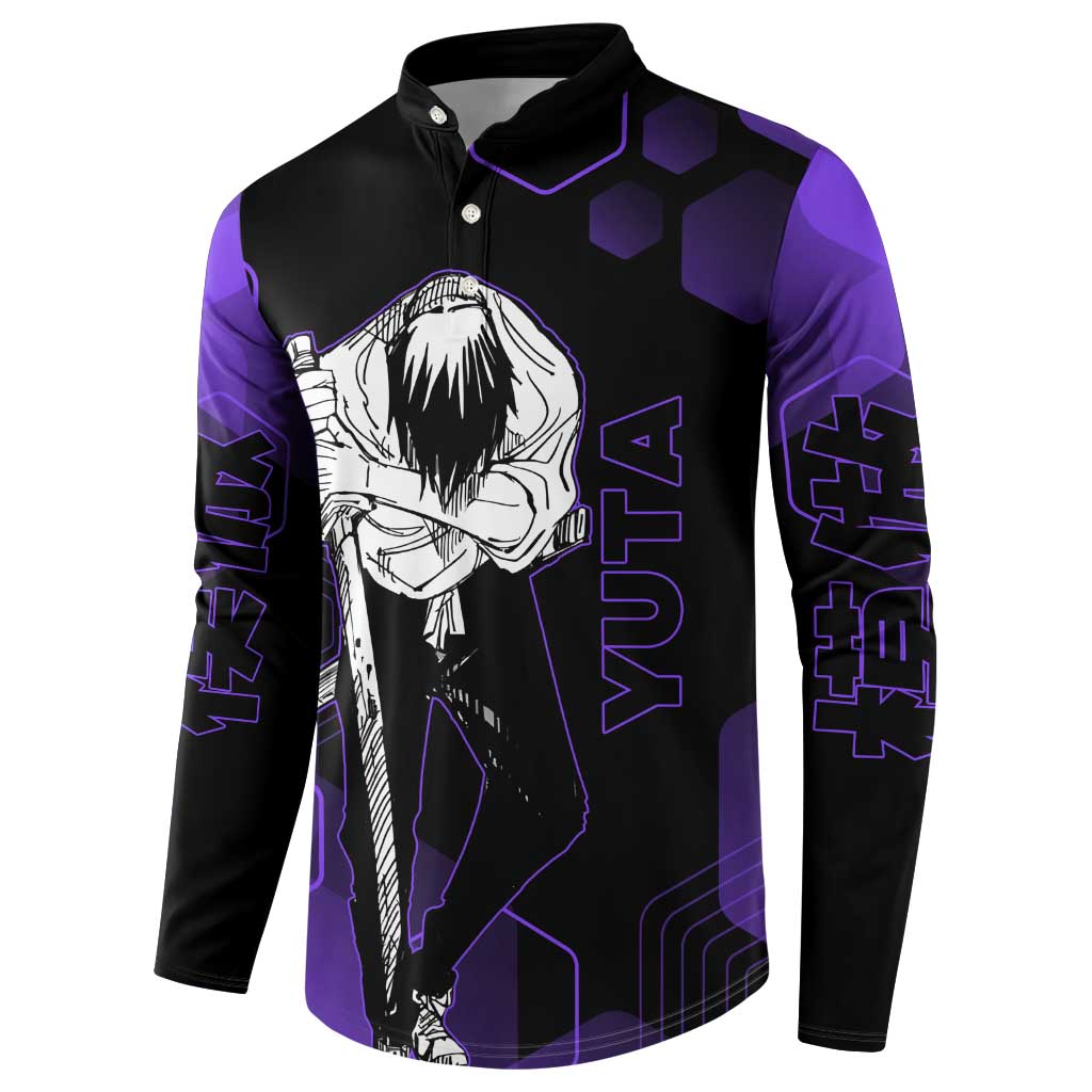 Yuta Okkotsu Jujutsu Kaisen Button Sweatshirt Purple Hexagon Design - The Mazicc