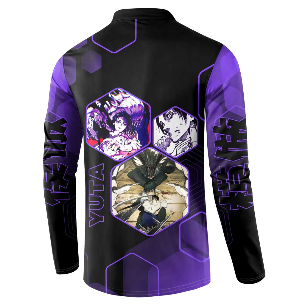 Yuta Okkotsu Jujutsu Kaisen Button Sweatshirt Purple Hexagon Design - The Mazicc