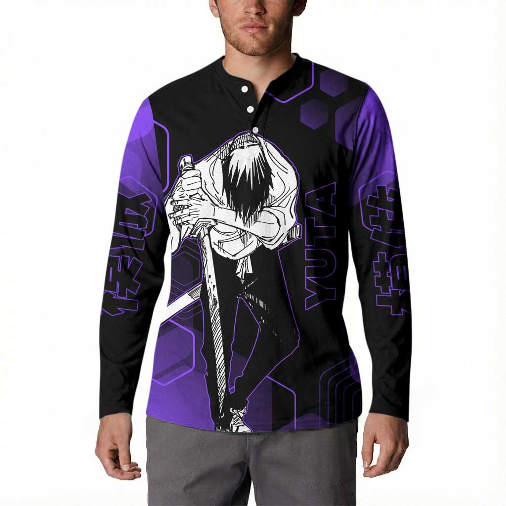 Yuta Okkotsu Jujutsu Kaisen Button Sweatshirt Purple Hexagon Design - The Mazicc