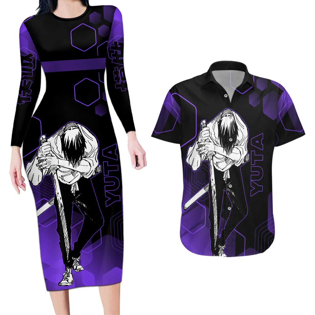 Yuta Okkotsu Jujutsu Kaisen Couples Matching Long Sleeve Bodycon Dress and Hawaiian Shirt Purple Hexagon Design - The Mazicc