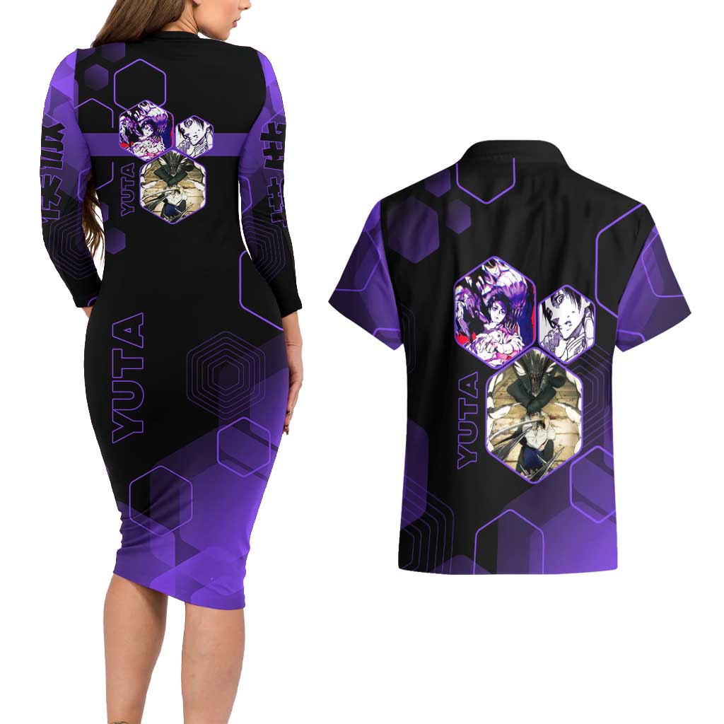 Yuta Okkotsu Jujutsu Kaisen Couples Matching Long Sleeve Bodycon Dress and Hawaiian Shirt Purple Hexagon Design - The Mazicc