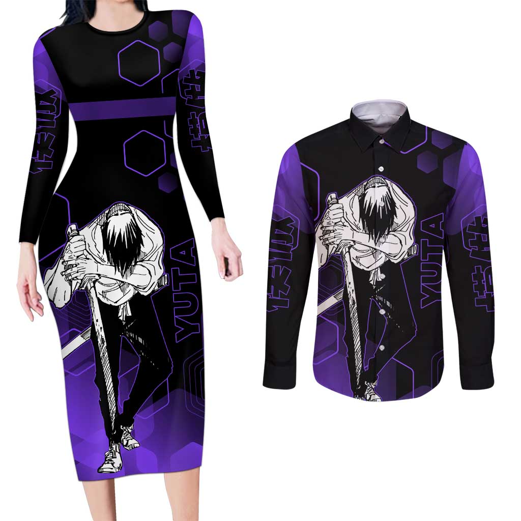 Yuta Okkotsu Jujutsu Kaisen Couples Matching Long Sleeve Bodycon Dress and Long Sleeve Button Shirt Purple Hexagon Design - The Mazicc