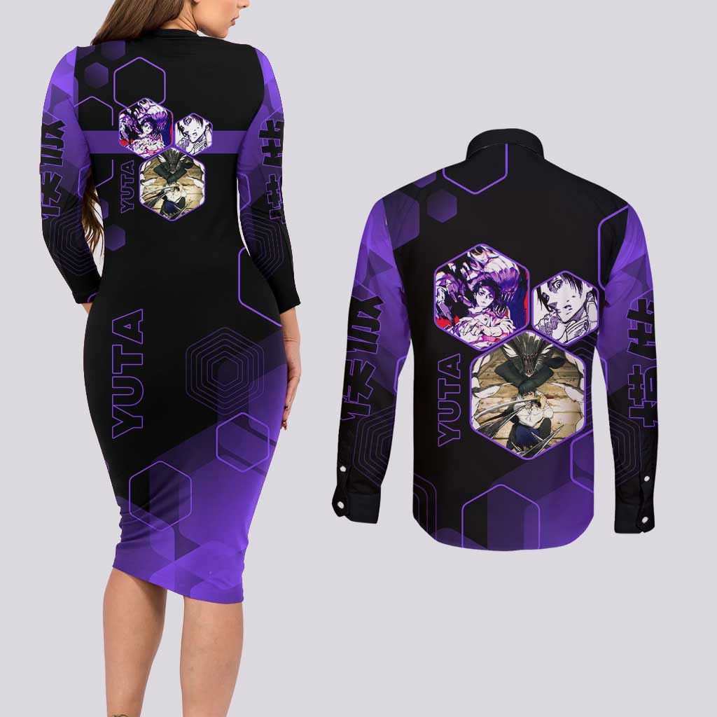 Yuta Okkotsu Jujutsu Kaisen Couples Matching Long Sleeve Bodycon Dress and Long Sleeve Button Shirt Purple Hexagon Design - The Mazicc