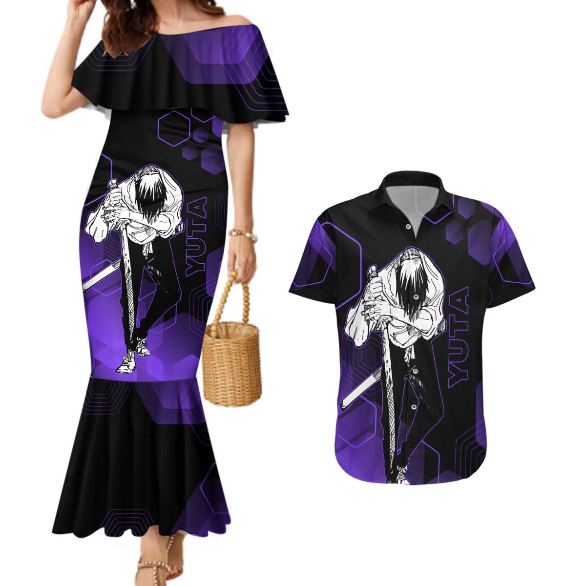 Yuta Okkotsu Jujutsu Kaisen Couples Matching Mermaid Dress and Hawaiian Shirt Purple Hexagon Design - The Mazicc