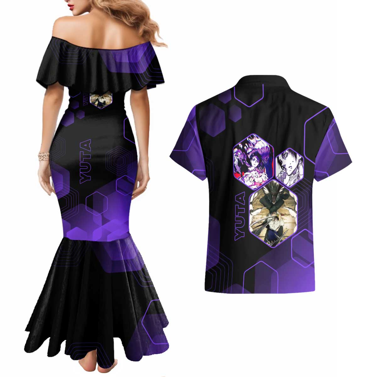 Yuta Okkotsu Jujutsu Kaisen Couples Matching Mermaid Dress and Hawaiian Shirt Purple Hexagon Design - The Mazicc