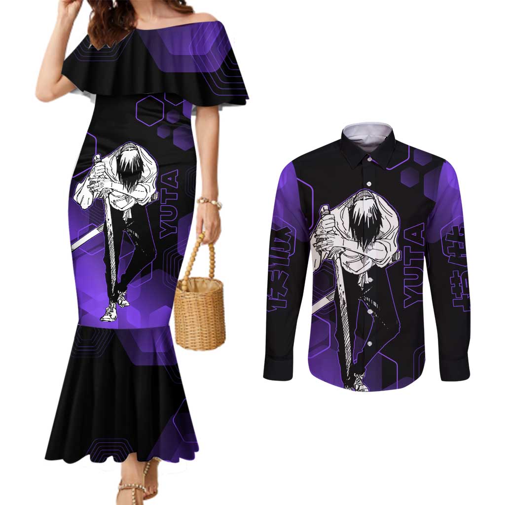 Yuta Okkotsu Jujutsu Kaisen Couples Matching Mermaid Dress and Long Sleeve Button Shirt Purple Hexagon Design - The Mazicc
