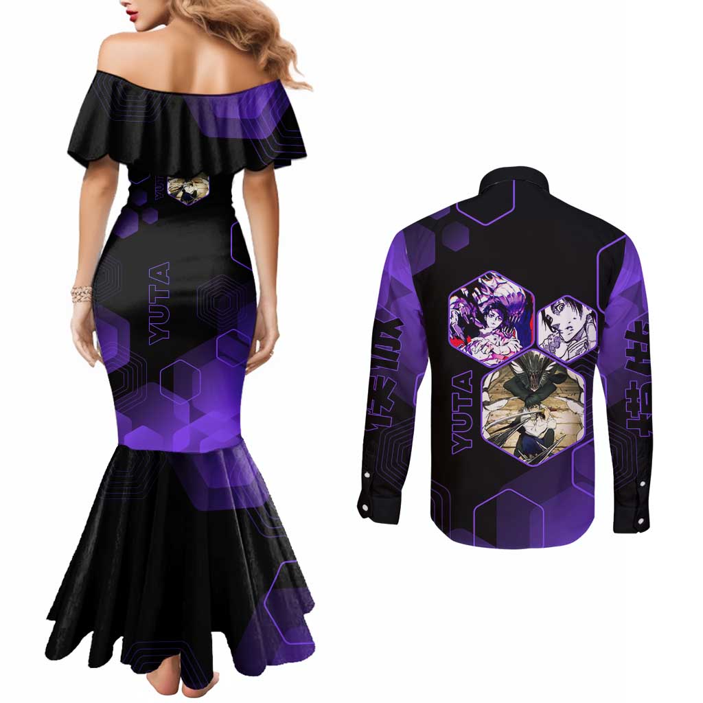 Yuta Okkotsu Jujutsu Kaisen Couples Matching Mermaid Dress and Long Sleeve Button Shirt Purple Hexagon Design - The Mazicc
