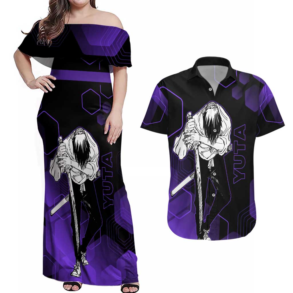 Yuta Okkotsu Jujutsu Kaisen Couples Matching Off Shoulder Maxi Dress and Hawaiian Shirt Purple Hexagon Design - The Mazicc