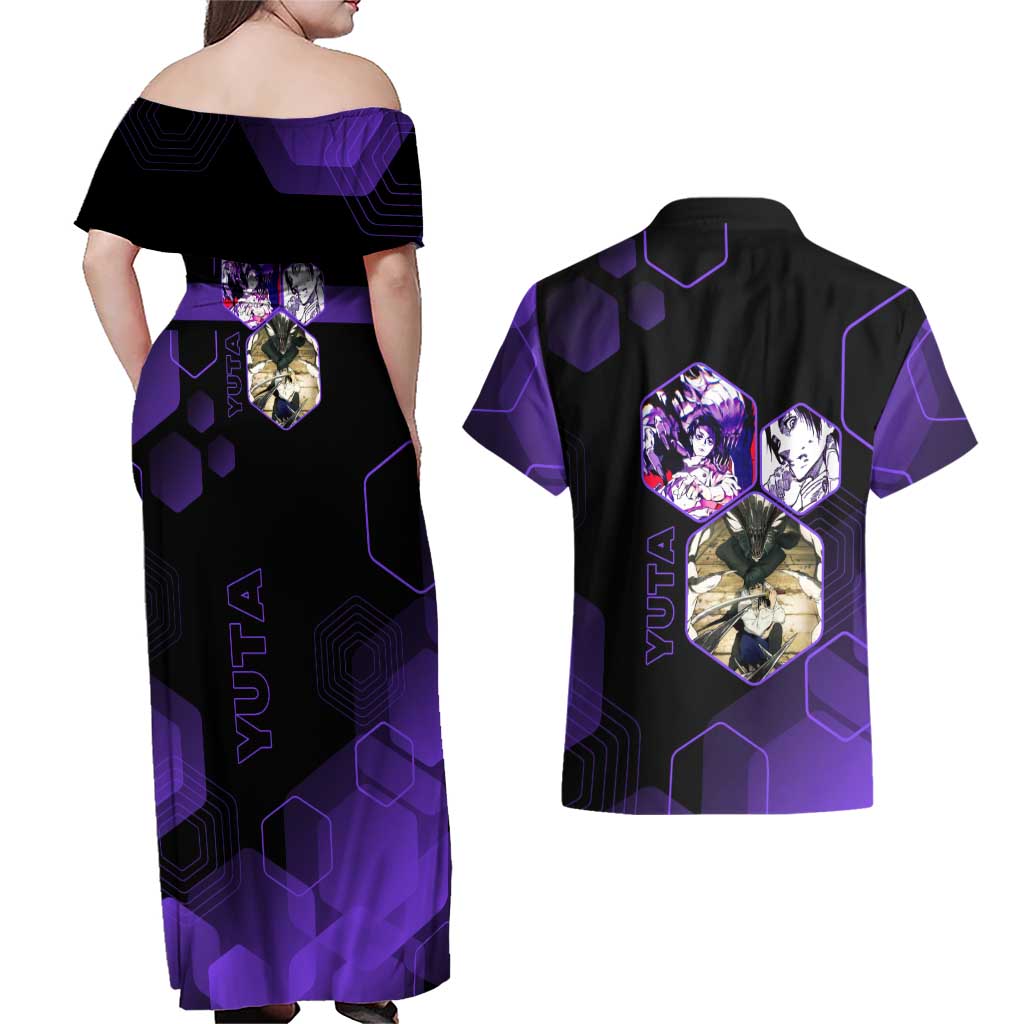 Yuta Okkotsu Jujutsu Kaisen Couples Matching Off Shoulder Maxi Dress and Hawaiian Shirt Purple Hexagon Design - The Mazicc