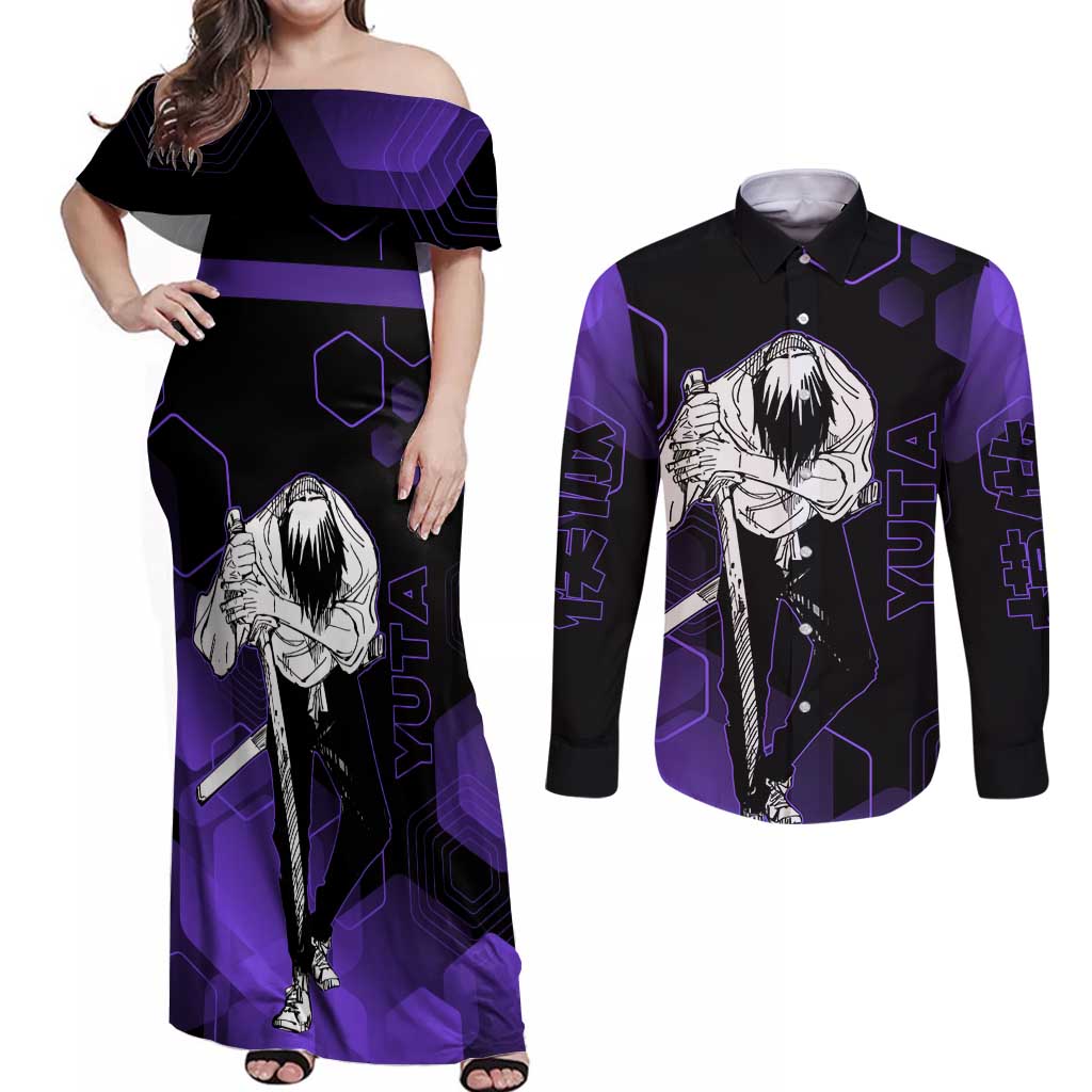 Yuta Okkotsu Jujutsu Kaisen Couples Matching Off Shoulder Maxi Dress and Long Sleeve Button Shirt Purple Hexagon Design - The Mazicc