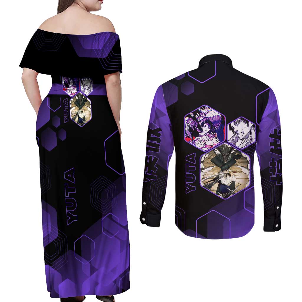 Yuta Okkotsu Jujutsu Kaisen Couples Matching Off Shoulder Maxi Dress and Long Sleeve Button Shirt Purple Hexagon Design - The Mazicc