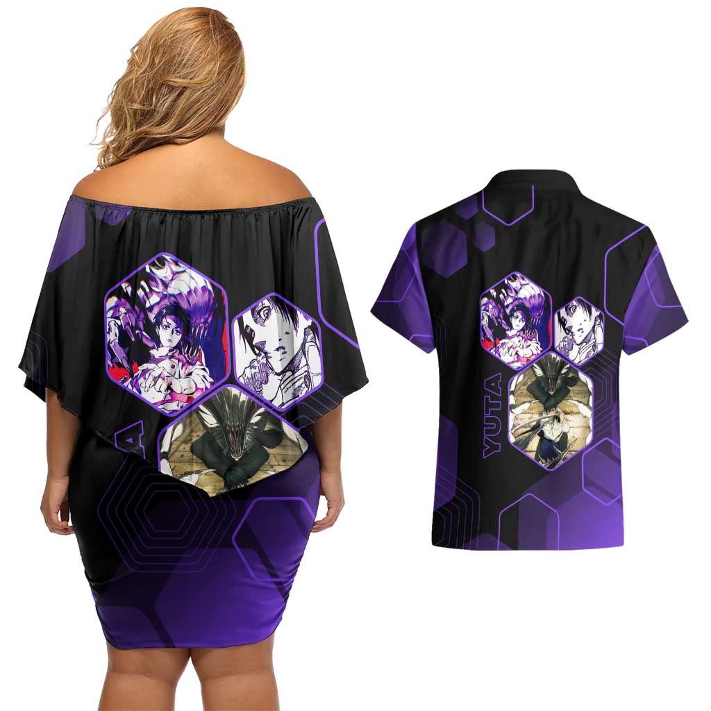 Yuta Okkotsu Jujutsu Kaisen Couples Matching Off Shoulder Short Dress and Hawaiian Shirt Purple Hexagon Design - The Mazicc