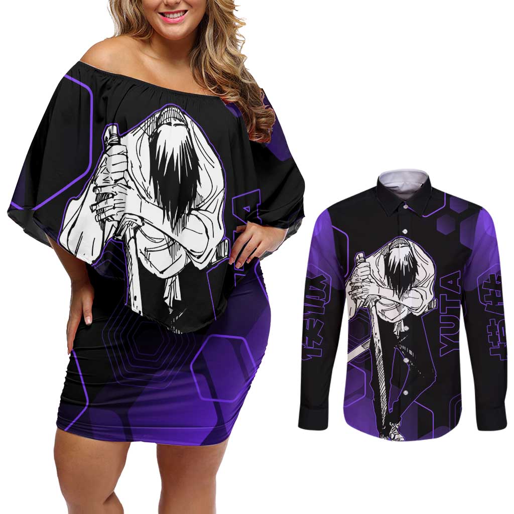 Yuta Okkotsu Jujutsu Kaisen Couples Matching Off Shoulder Short Dress and Long Sleeve Button Shirt Purple Hexagon Design - The Mazicc