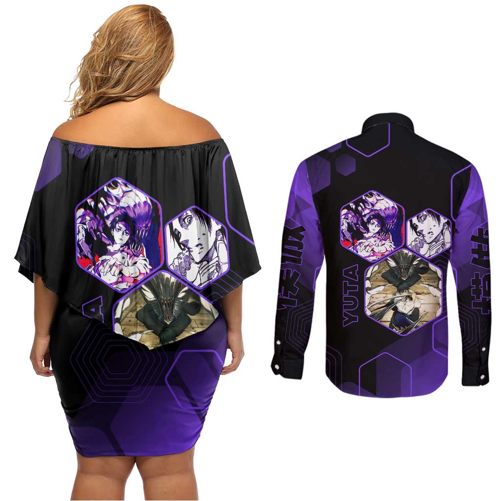 Yuta Okkotsu Jujutsu Kaisen Couples Matching Off Shoulder Short Dress and Long Sleeve Button Shirt Purple Hexagon Design - The Mazicc