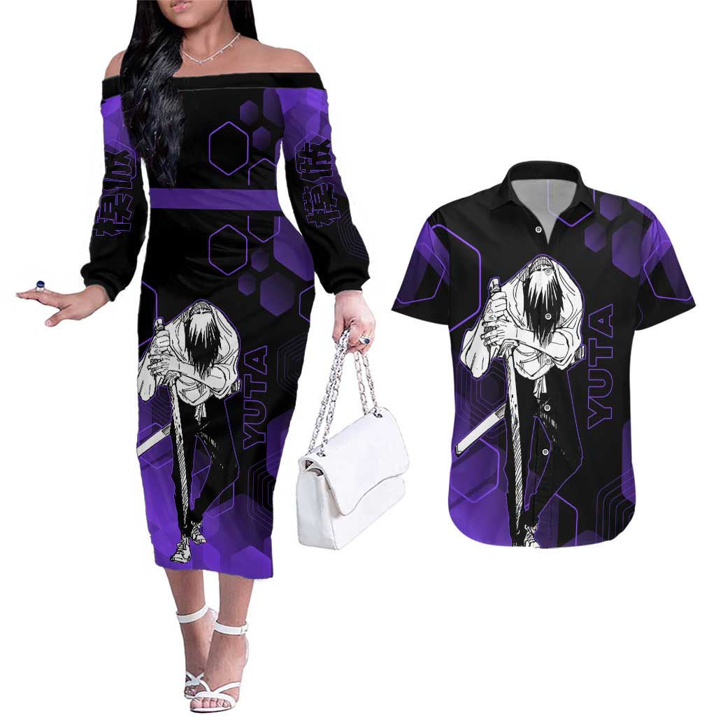 Yuta Okkotsu Jujutsu Kaisen Couples Matching Off The Shoulder Long Sleeve Dress and Hawaiian Shirt Purple Hexagon Design - The Mazicc