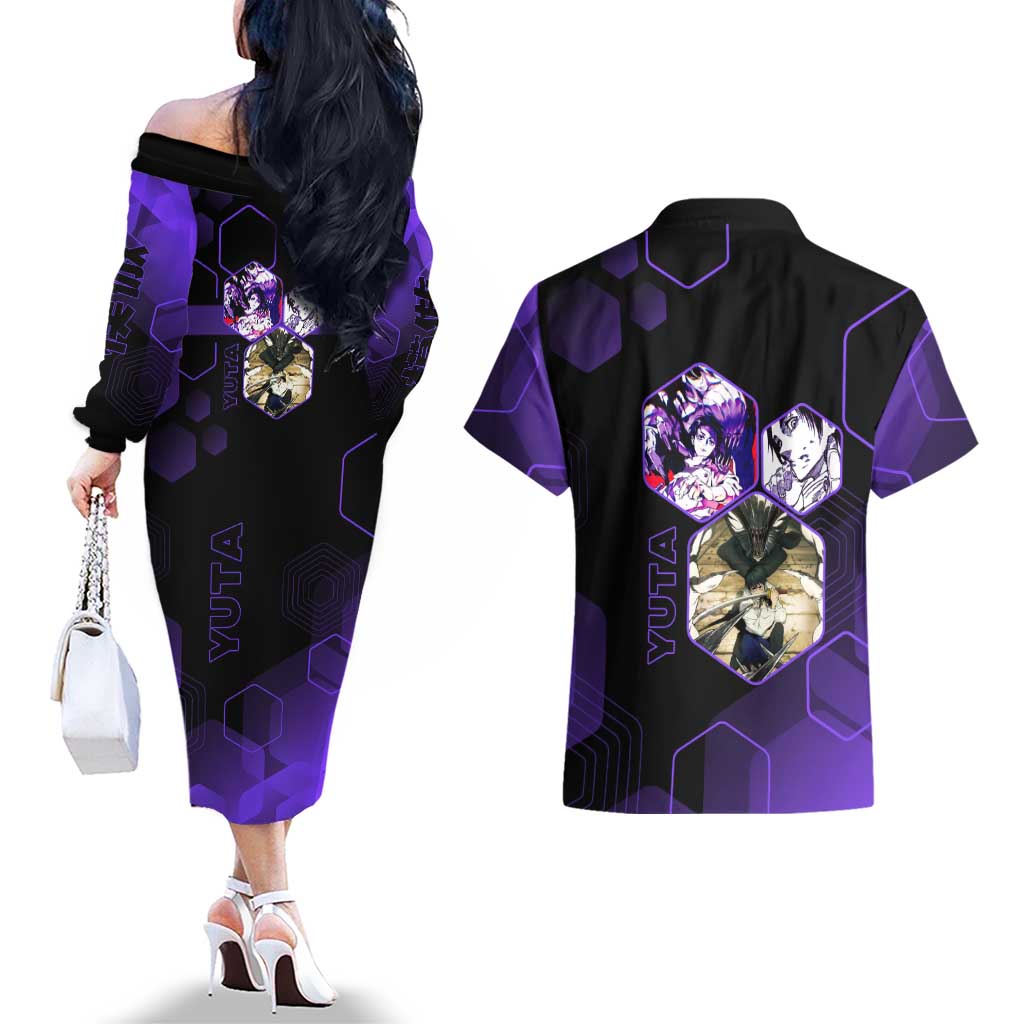 Yuta Okkotsu Jujutsu Kaisen Couples Matching Off The Shoulder Long Sleeve Dress and Hawaiian Shirt Purple Hexagon Design - The Mazicc
