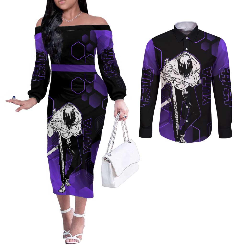 Yuta Okkotsu Jujutsu Kaisen Couples Matching Off The Shoulder Long Sleeve Dress and Long Sleeve Button Shirt Purple Hexagon Design - The Mazicc