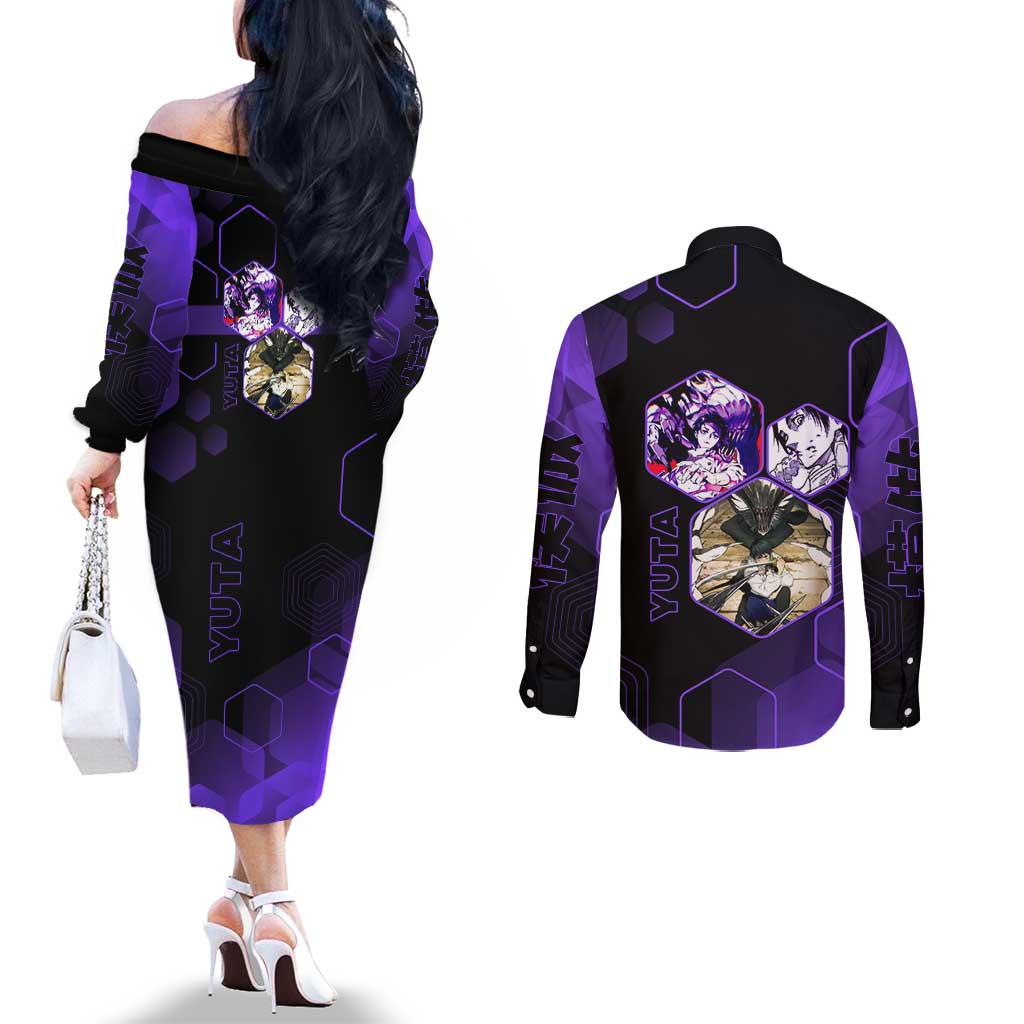 Yuta Okkotsu Jujutsu Kaisen Couples Matching Off The Shoulder Long Sleeve Dress and Long Sleeve Button Shirt Purple Hexagon Design - The Mazicc