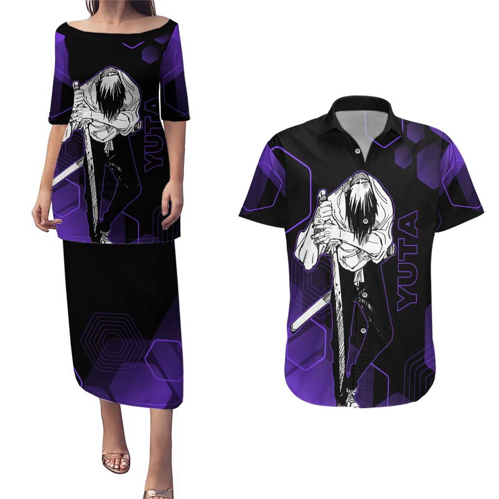 Yuta Okkotsu Jujutsu Kaisen Couples Matching Puletasi and Hawaiian Shirt Purple Hexagon Design - The Mazicc