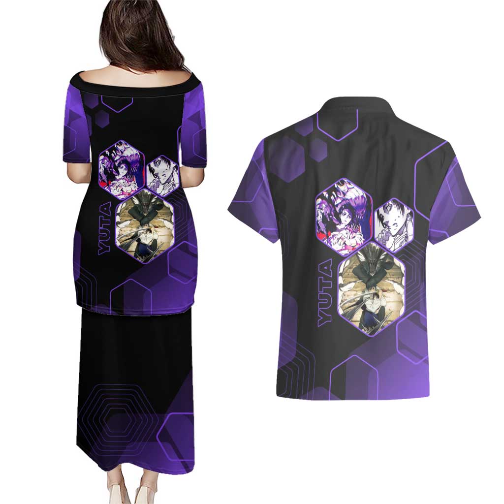 Yuta Okkotsu Jujutsu Kaisen Couples Matching Puletasi and Hawaiian Shirt Purple Hexagon Design - The Mazicc