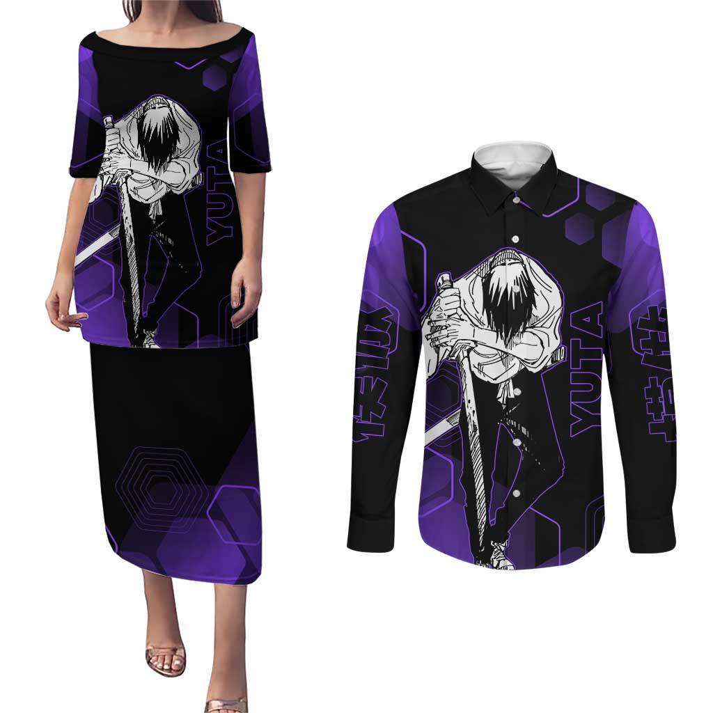 Yuta Okkotsu Jujutsu Kaisen Couples Matching Puletasi and Long Sleeve Button Shirt Purple Hexagon Design - The Mazicc