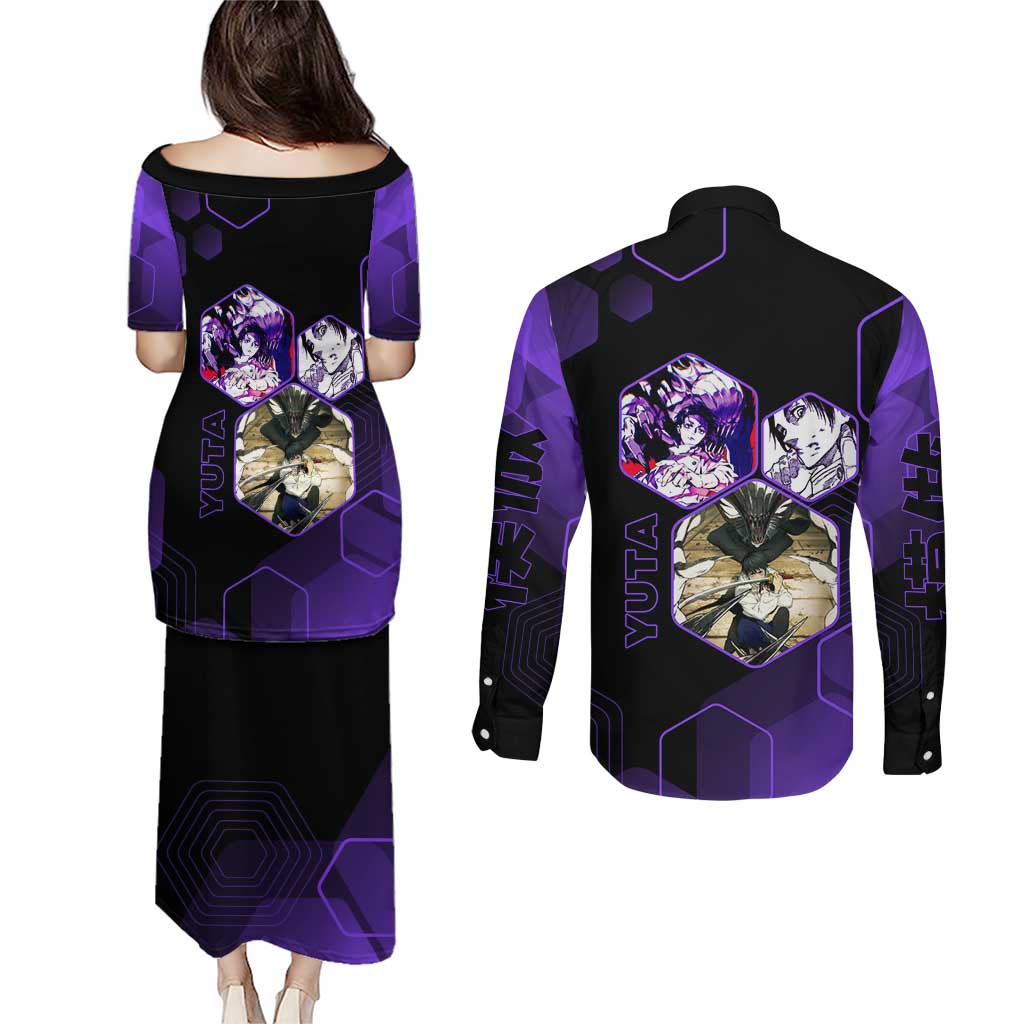 Yuta Okkotsu Jujutsu Kaisen Couples Matching Puletasi and Long Sleeve Button Shirt Purple Hexagon Design - The Mazicc